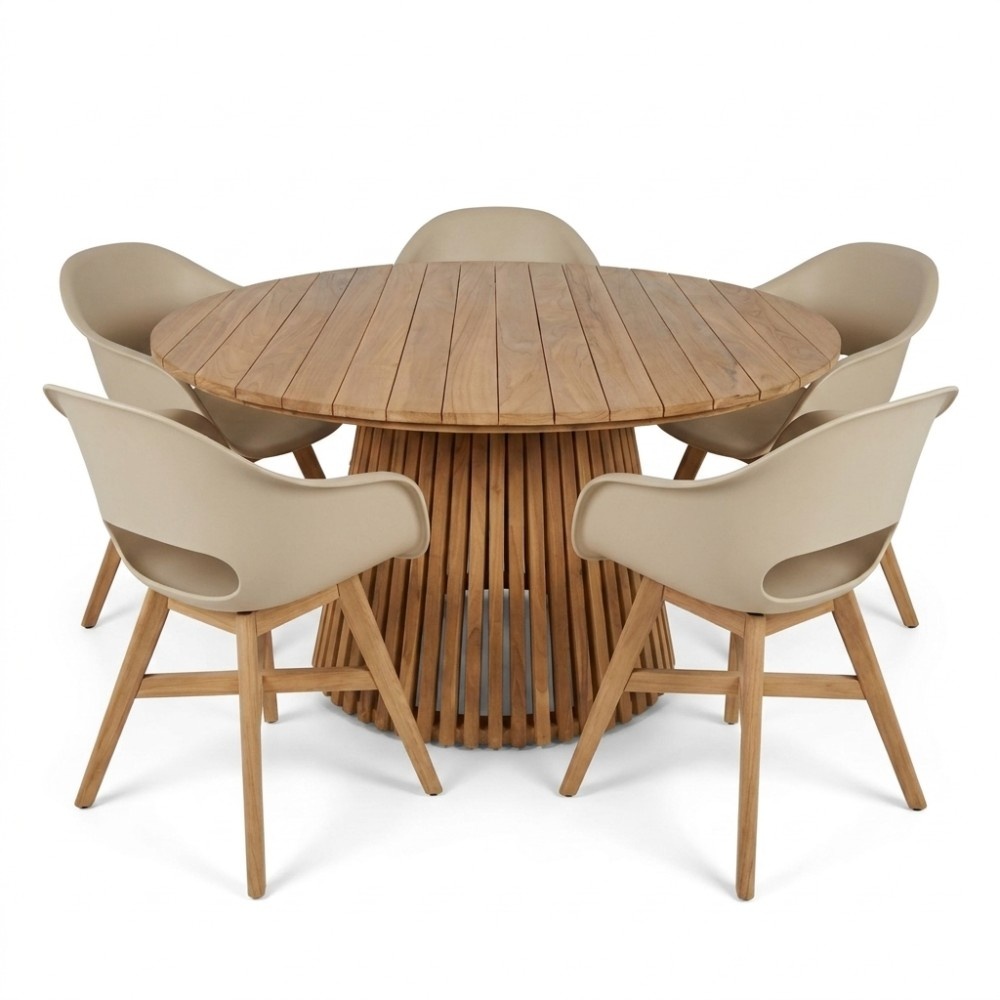 Palau/Karlstad beige dining tuinset | 5 personen | teakhout + kunststof | Ø140cm rond