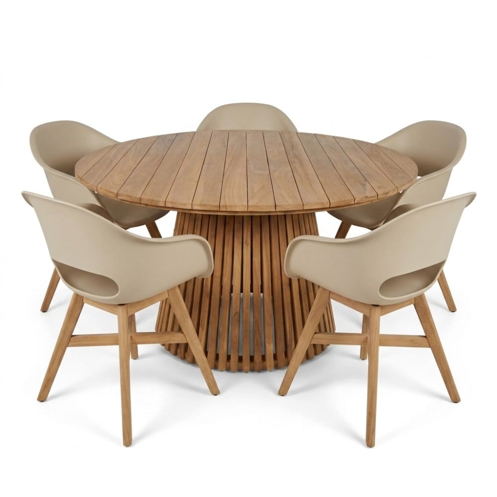Palau/Karlstad beige dining tuinset | 5 personen | teakhout + kunststof | Ø140cm rond