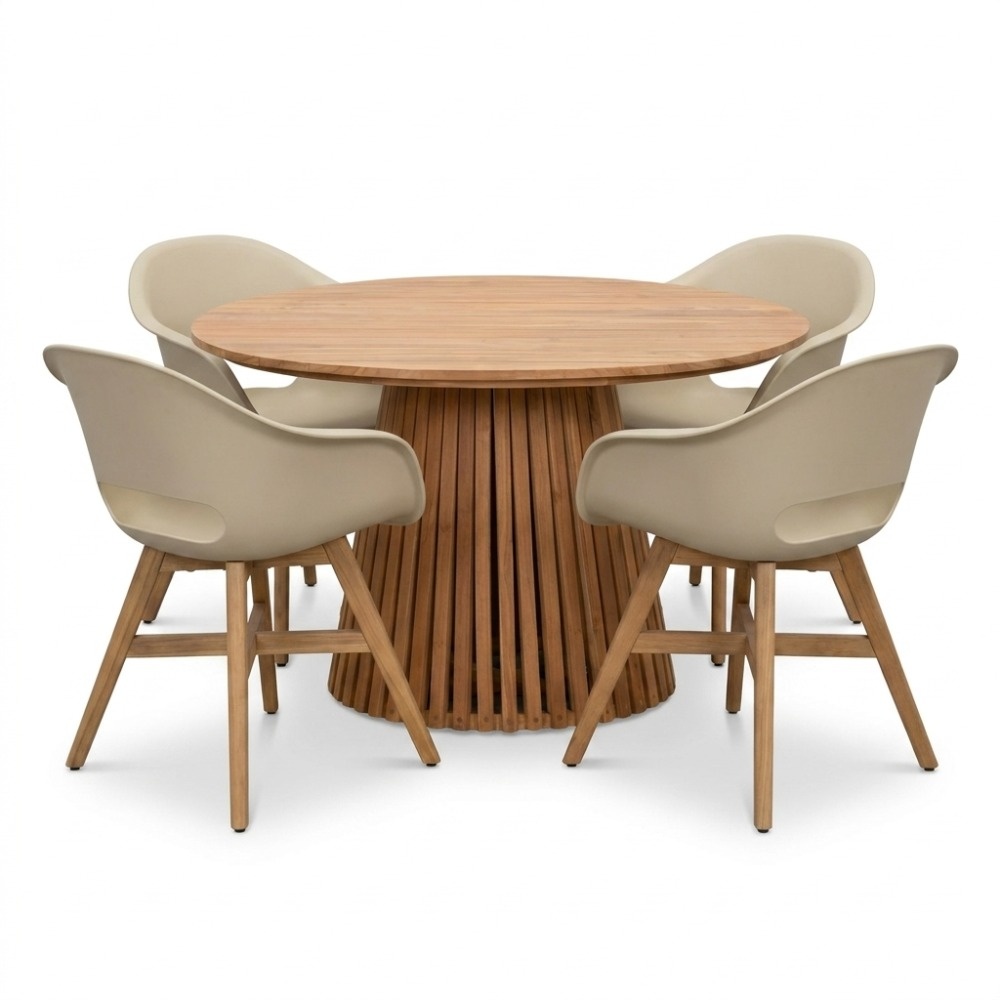 Palau/Karlstad beige dining tuinset | 4 personen | teakhout + kunststof | Ø120cm rond