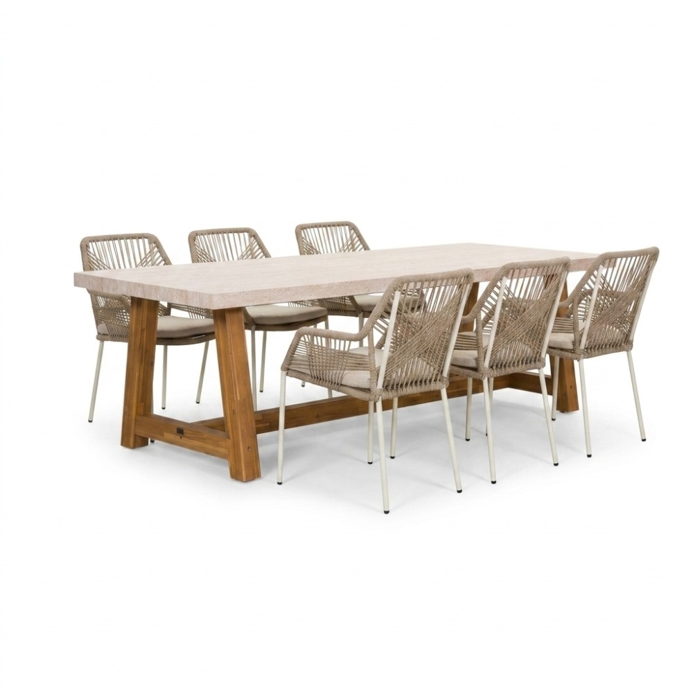 Velora/Seville beige dining tuinset | 6 personen | polystone + touw | 250cm