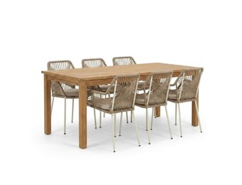 Singapore/Seville beige dining tuinset | 6 personen | teakhout + touw | 200cm