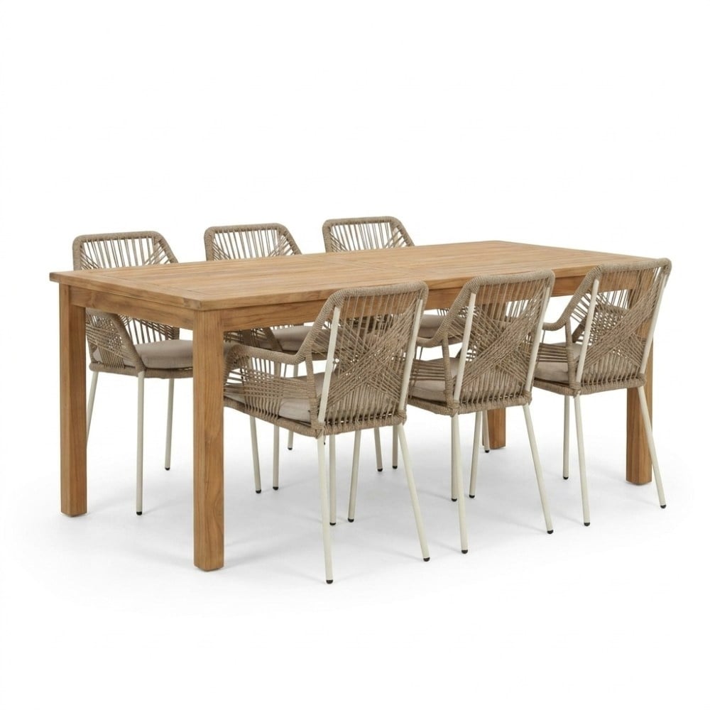 Singapore/Seville beige dining tuinset | 6 personen | teakhout + touw | 200cm