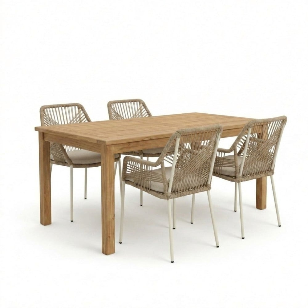 Singapore/Seville beige dining tuinset | 4 personen | teakhout + touw | 150cm