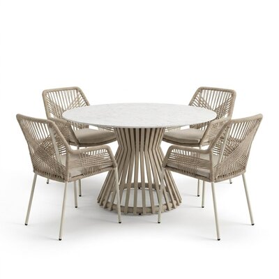 Pasadena/Seville beige dining tuinset | 4 personen | sintered stone + touw | 120cm rond