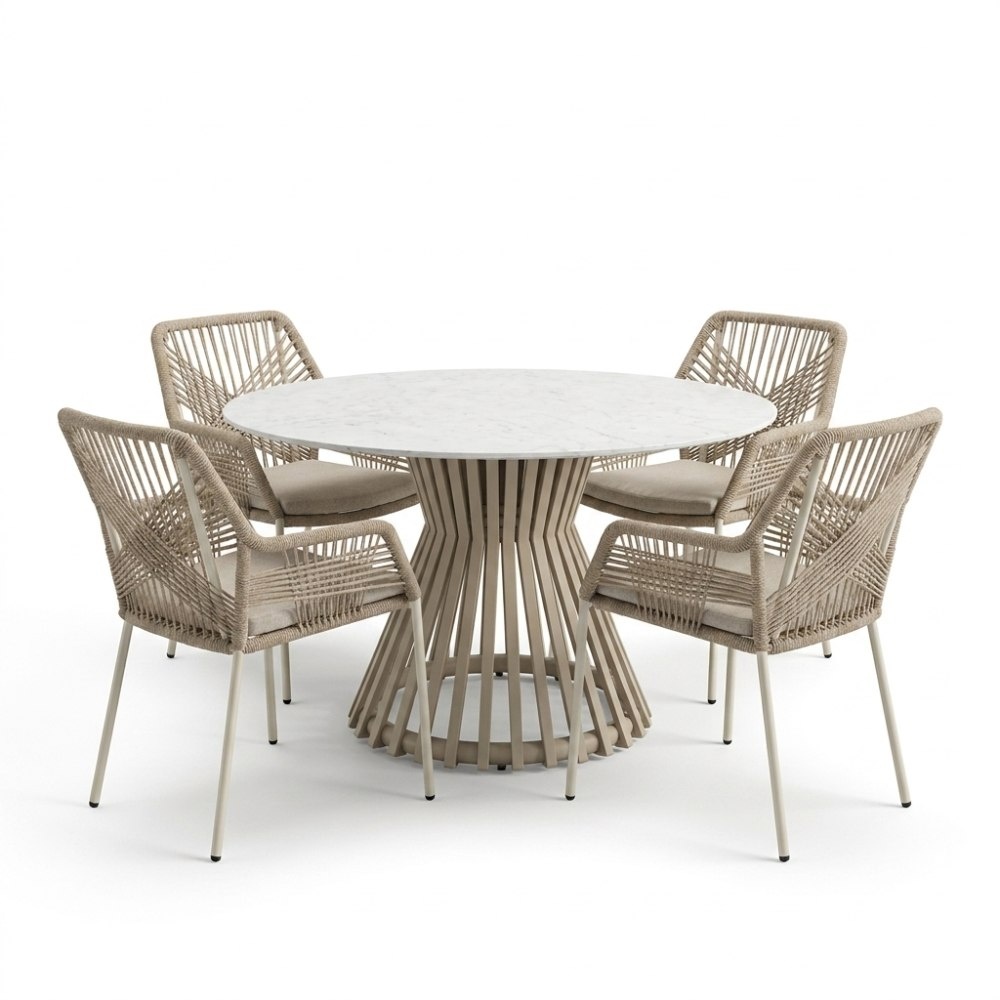BUITEN living Pasadena/Seville beige dining tuinset | 4 personen | sintered stone + touw | 120cm rond