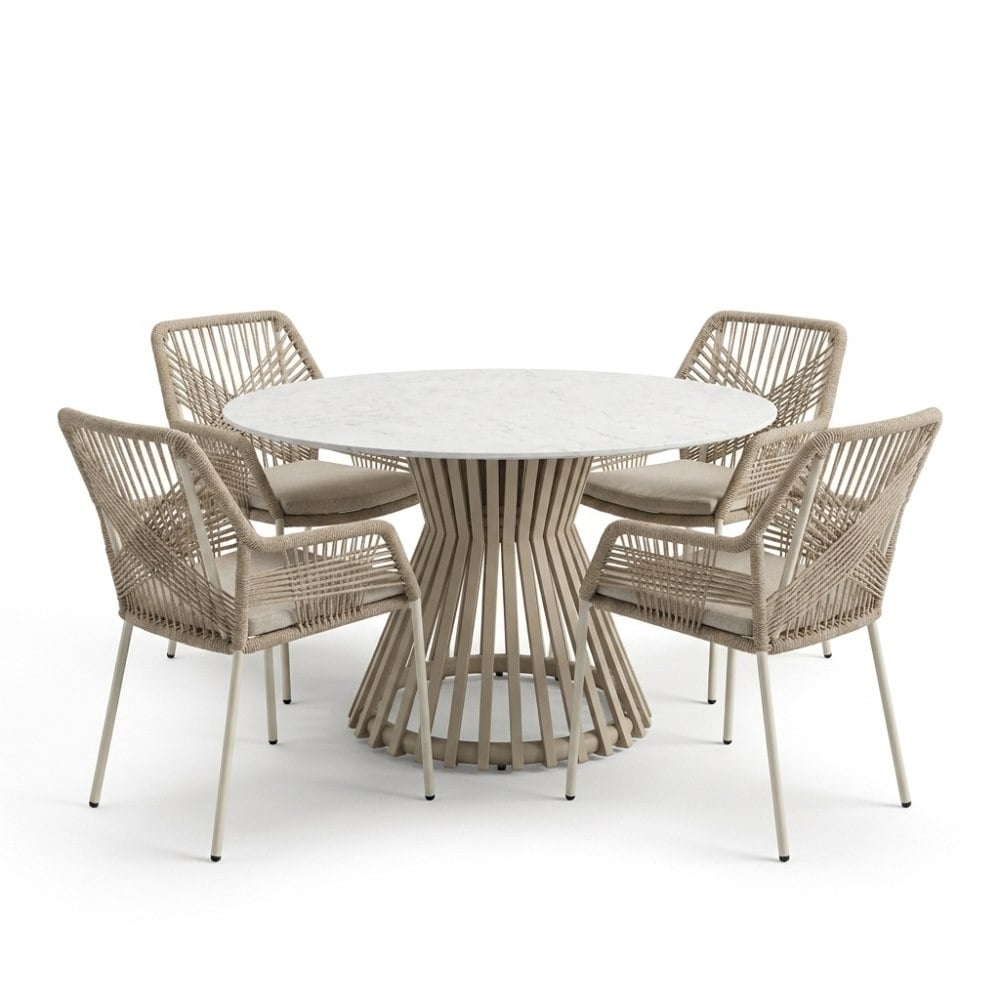 Pasadena/Seville beige dining tuinset | 4 personen | sintered stone + touw | 120cm rond