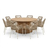 Palau/Seville beige dining tuinset | 8 personen | teakhout + touw | 180cm rond