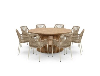 Palau/Seville beige dining tuinset | 8 personen | teakhout + touw | 180cm rond
