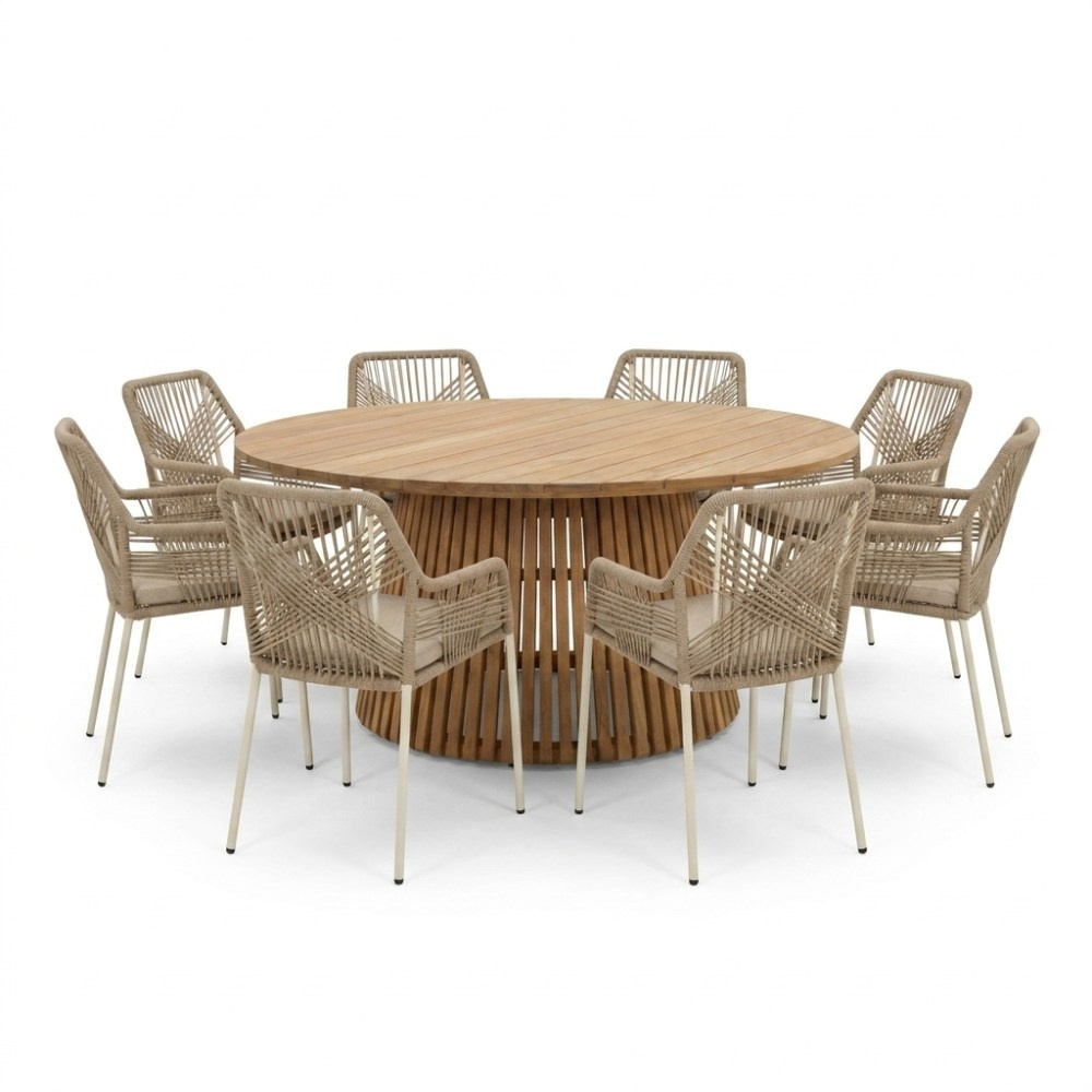 Palau/Seville beige dining tuinset | 8 personen | teakhout + touw | 180cm rond