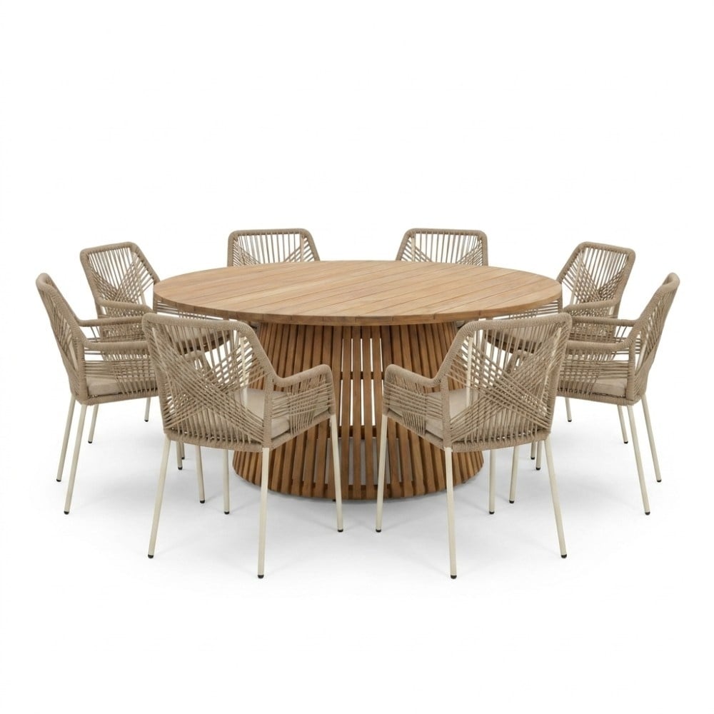 Palau/Seville beige dining tuinset | 8 personen | teakhout + touw | 180cm rond