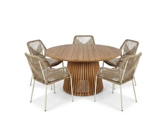 Palau/Seville beige dining tuinset | 5 personen | teakhout + touw | Ø140cm rond