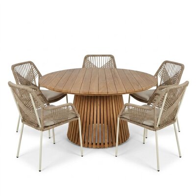 Palau/Seville beige dining tuinset | 5 personen | teakhout + touw | Ø140cm rond