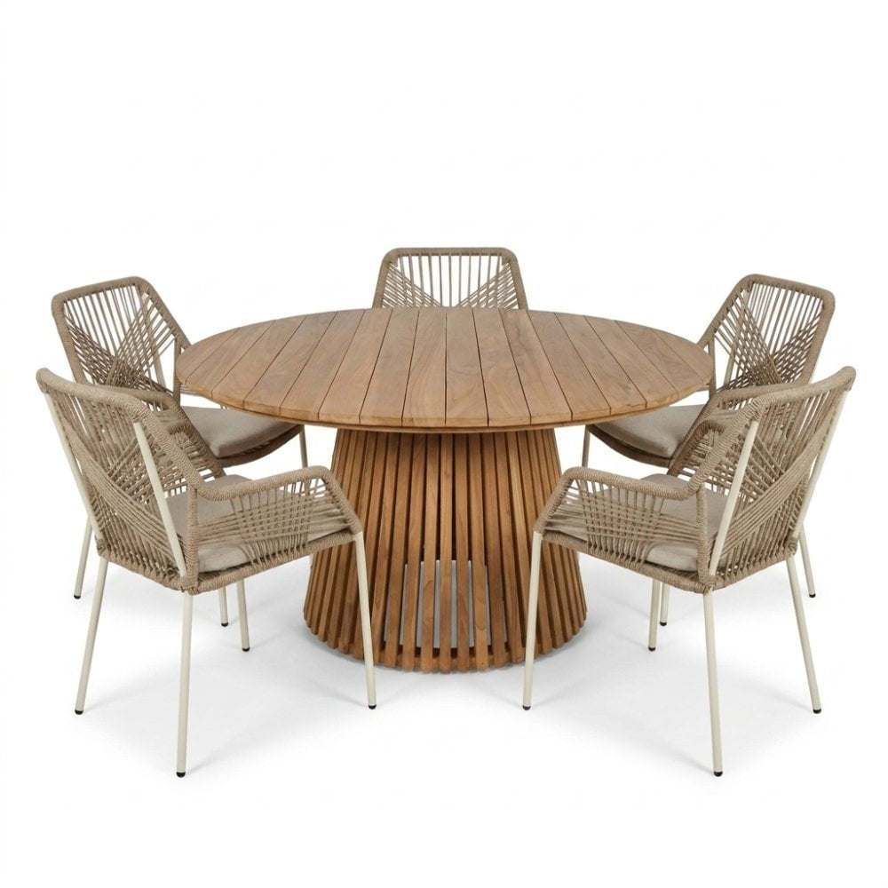 Palau/Seville beige dining tuinset | 5 personen | teakhout + touw | Ø140cm rond
