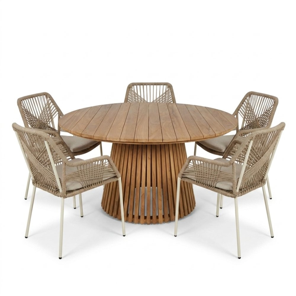 Palau/Seville beige dining tuinset | 5 personen | teakhout + touw | Ø140cm rond
