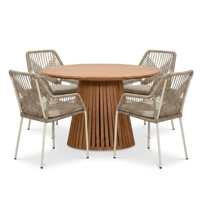 Palau/Seville beige dining tuinset | 4 personen | teakhout + touw | Ø120cm rond