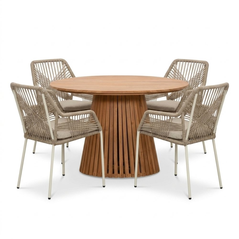 BUITEN living Palau/Seville beige dining tuinset | 4 personen | teakhout + touw | Ø120cm rond