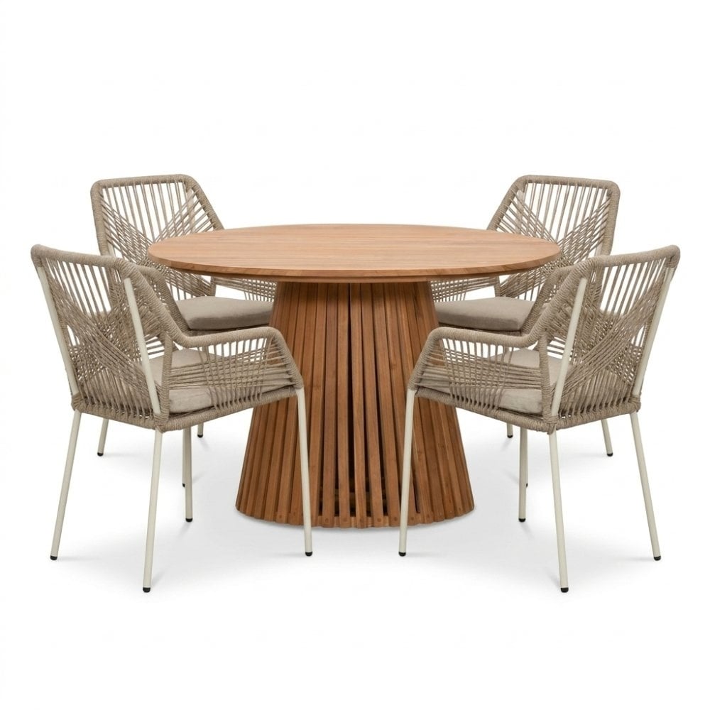 Palau/Seville beige dining tuinset | 4 personen | teakhout + touw | Ø120cm rond