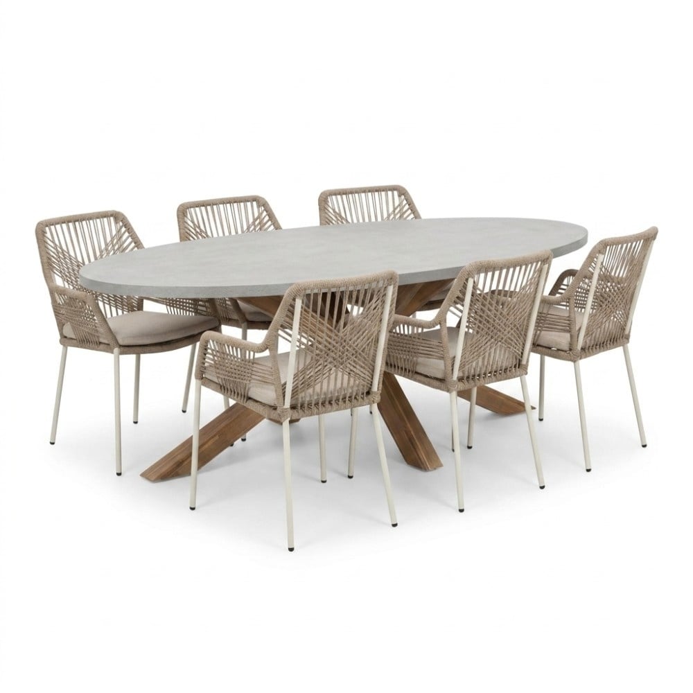 Livorno/Seville beige dining tuinset | 6 personen | polystone + touw | 240cm