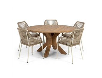 Genua/Seville beige dining tuinset | 5 personen | teakhout + touw | 140cm rond