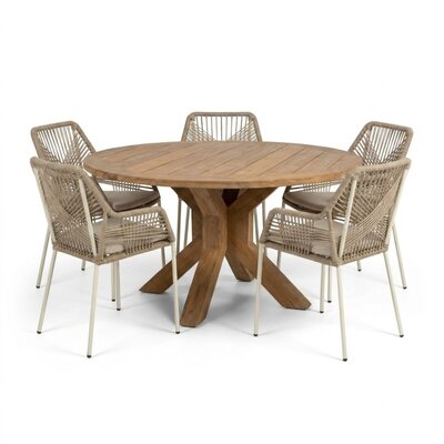 Genua/Seville beige dining tuinset | 5 personen | teakhout + touw | 140cm rond