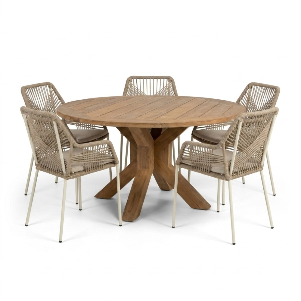 Genua/Seville beige dining tuinset | 5 personen | teakhout + touw | 140cm rond