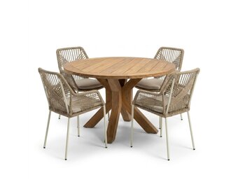 Genua/Seville beige dining tuinset | 4 personen | teakhout + touw | 120cm rond