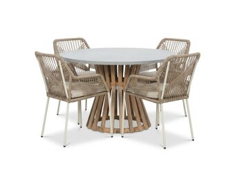 Elzas/Seville beige dining tuinset | 4 personen | polystone + touw | Ø135cm rond