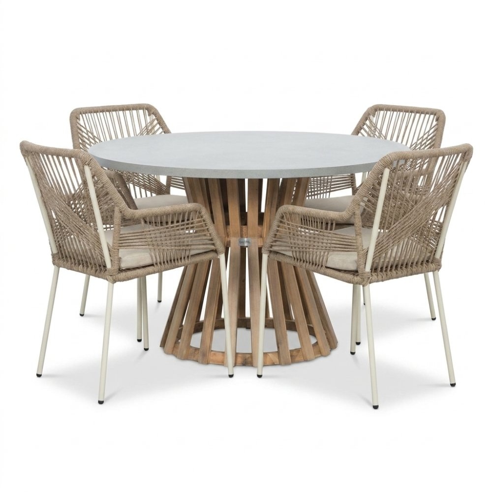 Elzas/Seville beige dining tuinset | 4 personen | polystone + touw | Ø135cm rond