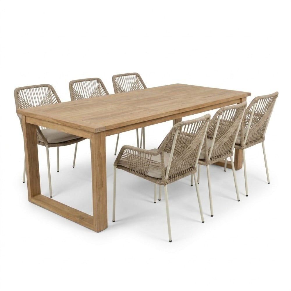 Corfu/Seville beige dining tuinset | 6 personen | teakhout + touw | 200cm