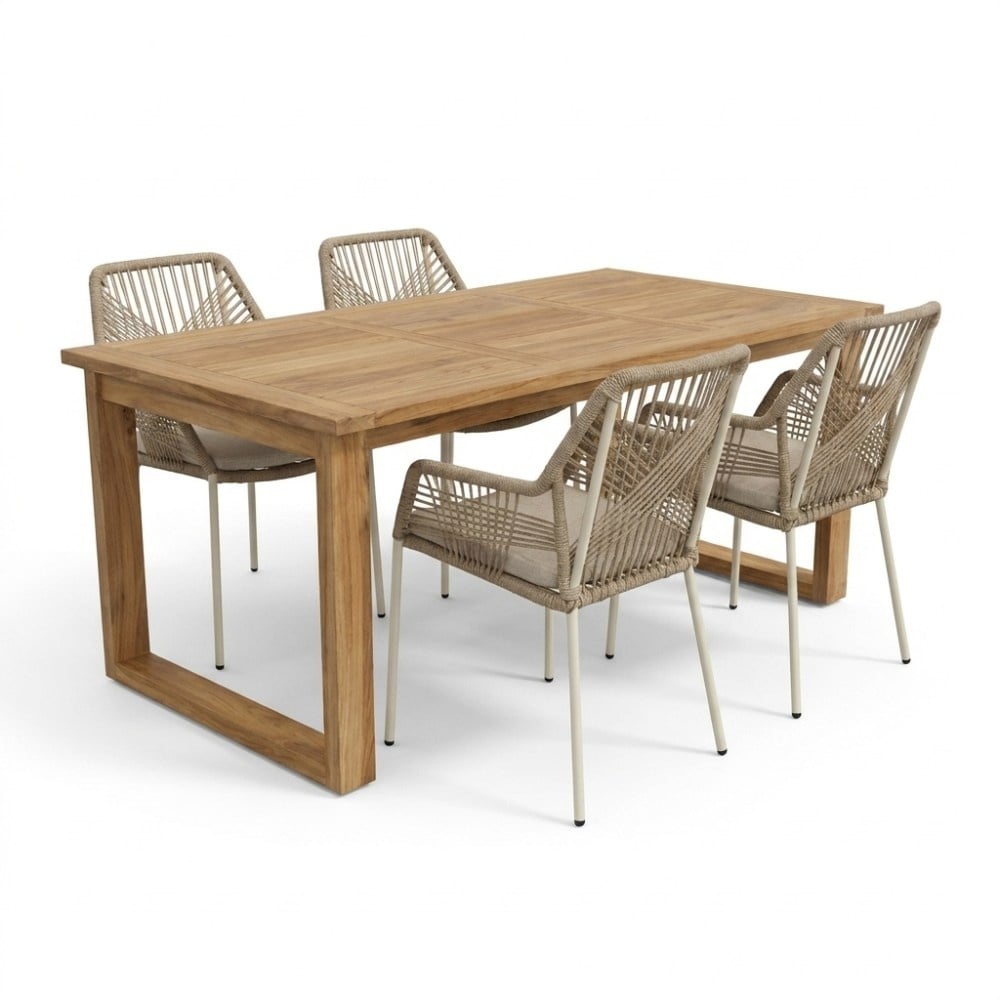 Corfu/Seville beige dining tuinset | 4 personen | teakhout + touw | 150cm