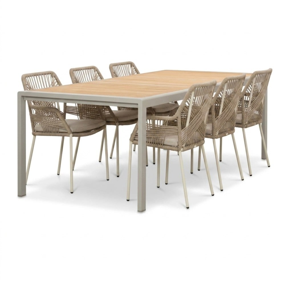 Annecy/Seville beige dining tuinset | 6 personen | teakhout + touw | 227cm