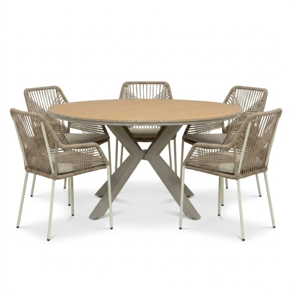 LUX outdoor living Calgary/Seville beige dining tuinset | 5 personen | polywood + touw | 144cm rond