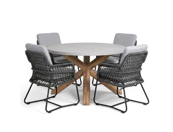 Nancy/Gianna Stone Grey dining tuinset | 4 personen | polystone + touw | Ø135cm rond