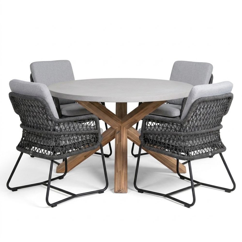Nancy/Gianna Stone Grey dining tuinset | 4 personen | polystone + touw | Ø135cm rond