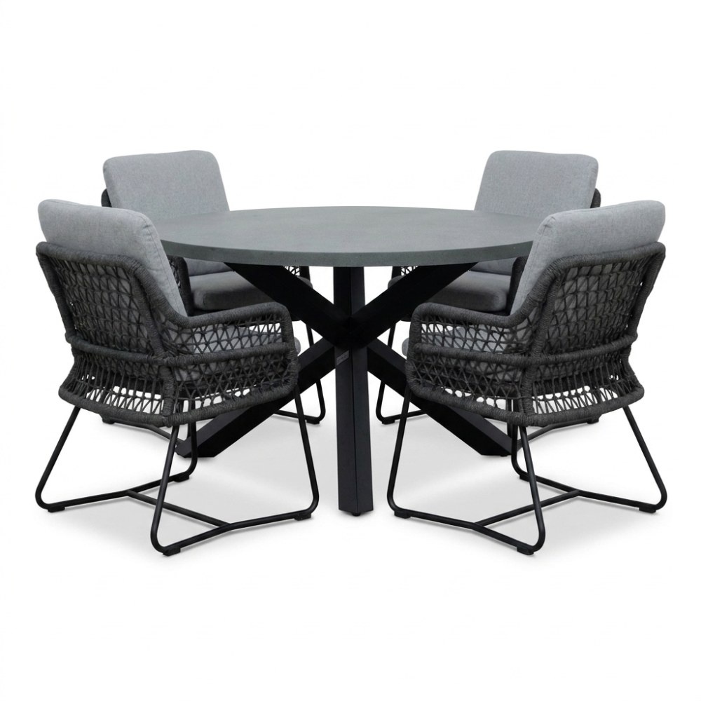 Meran/Gianna Stone Grey dining tuinset | 4 personen | polystone + touw | Ø135cm rond