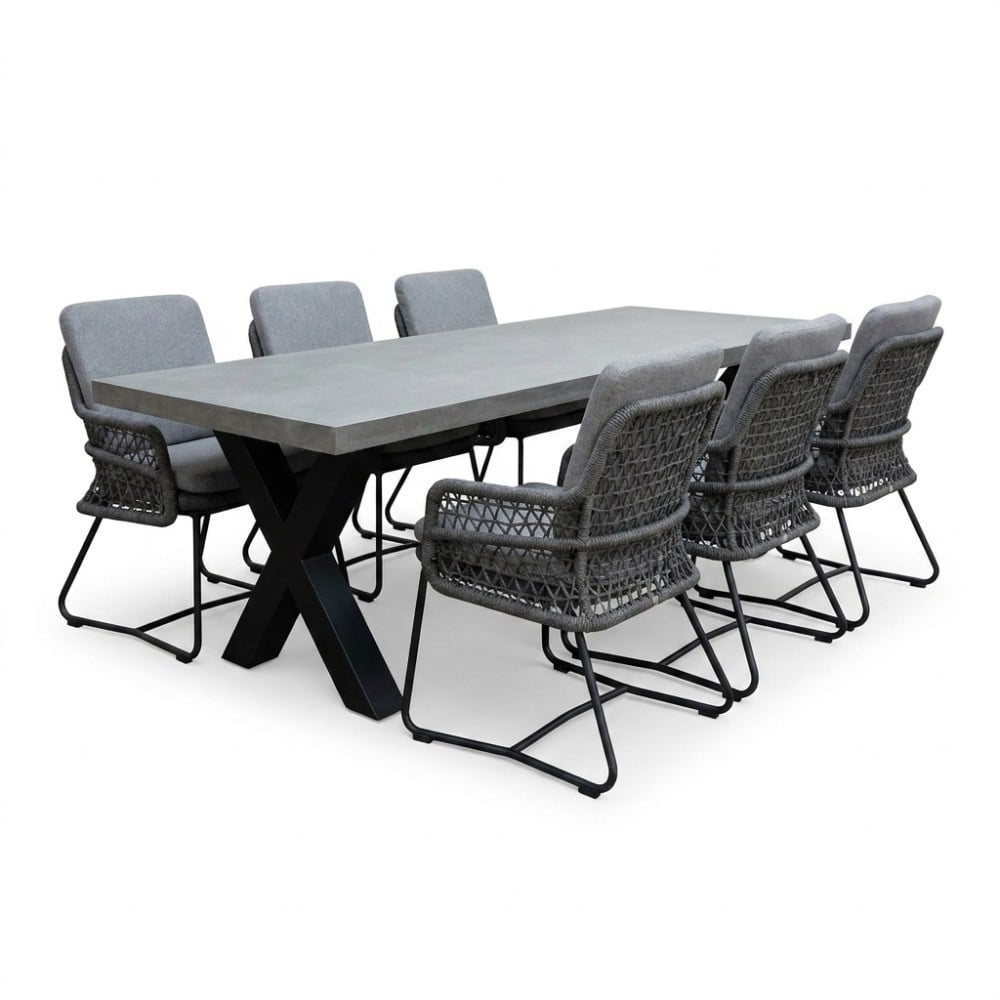 Lyon betonlook/Gianna Stone Grey dining tuinset | 6 personen | polystone + touw | 250cm