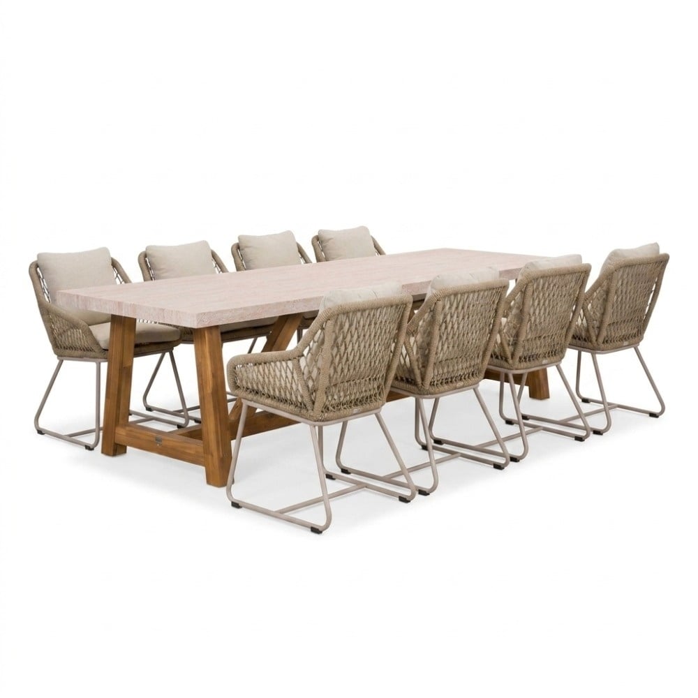 Velora/Portofino Sandstone dining tuinset | 8 personen | polystone + touw | 300cm