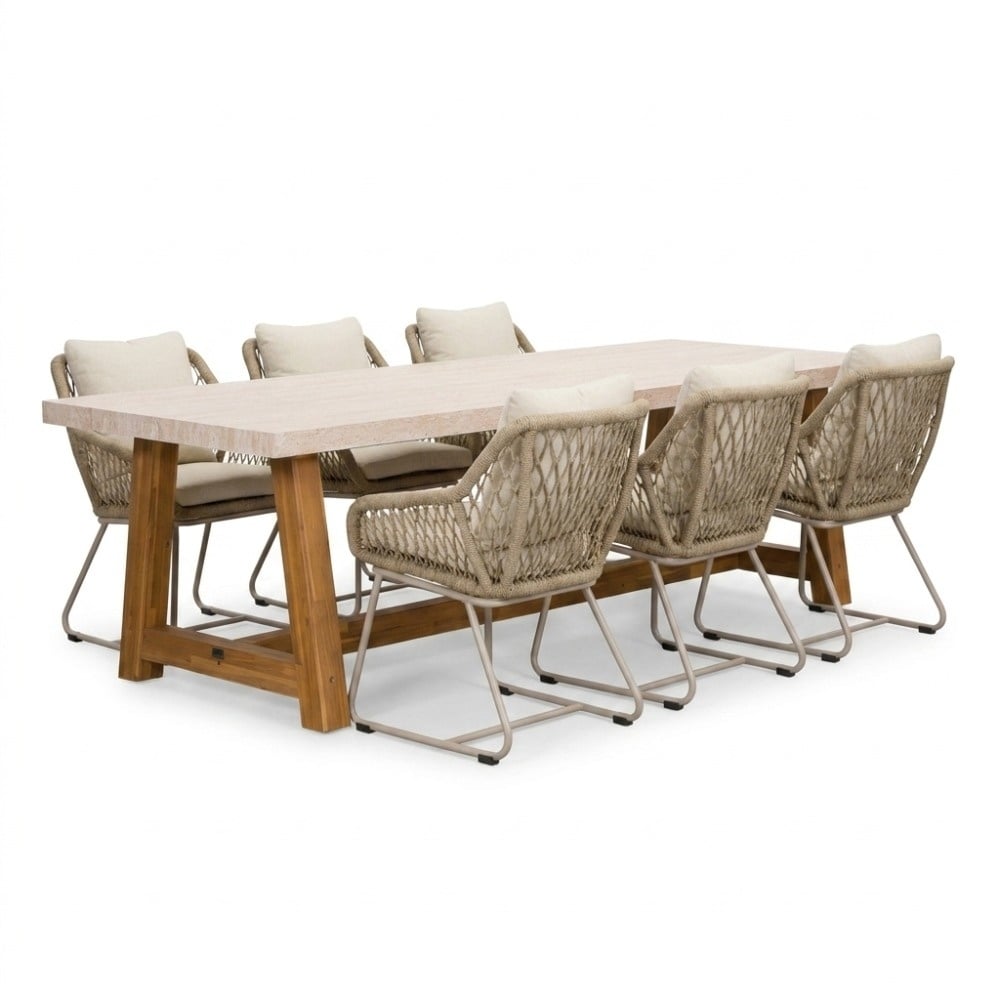 Velora/Portofino Sandstone dining tuinset | 6 personen | polystone + touw | 250cm