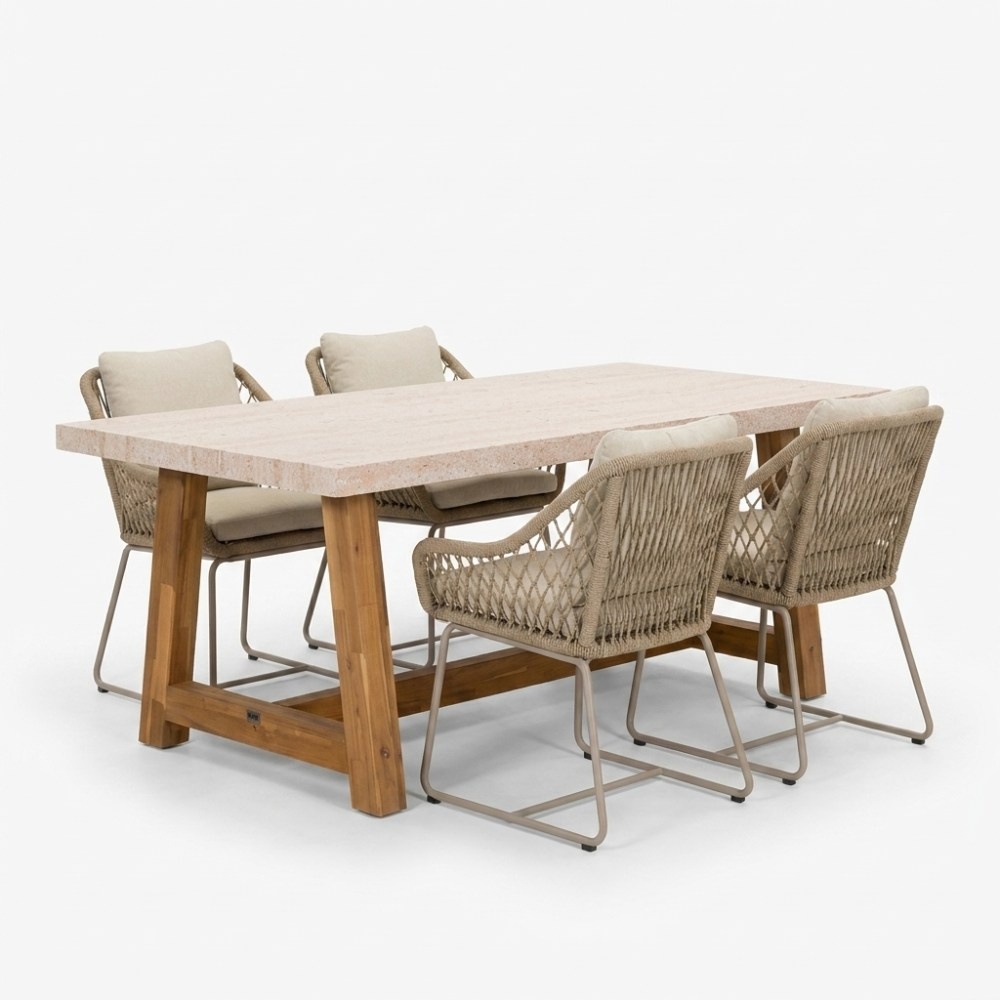 Velora/Portofino Sandstone dining tuinset | 4 personen | polystone + touw | 200cm