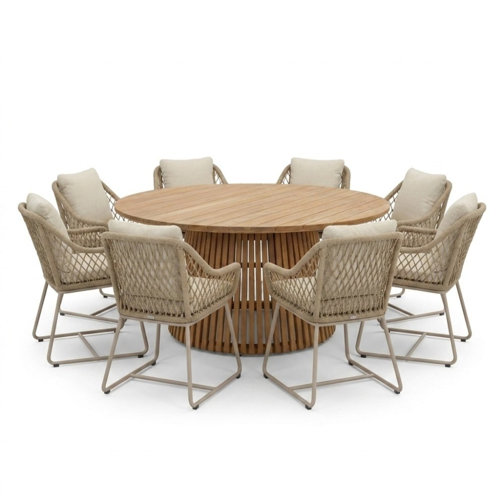 Palau/Portofino Sandstone dining tuinset | 8 personen | teakhout + touw | 180cm rond