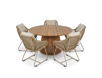 Palau/Portofino Sandstone dining tuinset | 5 personen | teakhout + touw | Ø140cm rond