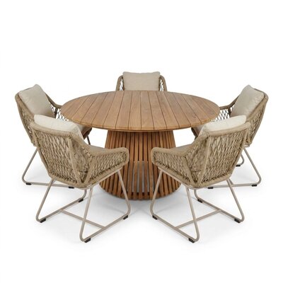 Palau/Portofino Sandstone dining tuinset | 5 personen | teakhout + touw | Ø140cm rond