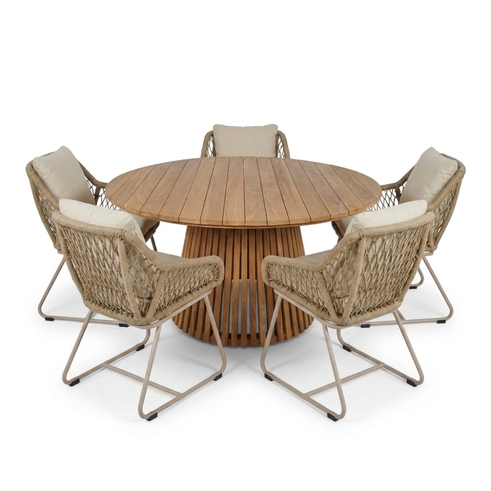 Palau/Portofino Sandstone dining tuinset | 5 personen | teakhout + touw | Ø140cm rond