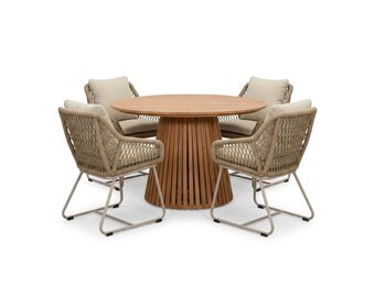 Palau/Portofino Sandstone dining tuinset | 4 personen | teakhout + touw | Ø120cm rond