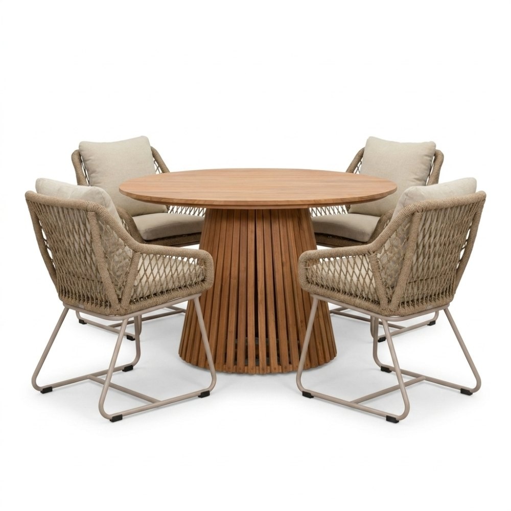 BUITEN living Palau/Portofino Sandstone dining tuinset | 4 personen | teakhout + touw | Ø120cm rond – Taupe – Naturel – Bruin, Beige