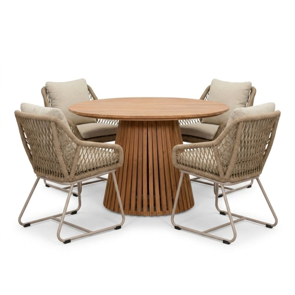 Palau/Portofino Sandstone dining tuinset | 4 personen | teakhout + touw | Ø120cm rond