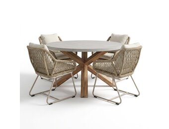 Nancy/Portofino Sandstone dining tuinset | 4 personen | polystone + touw | Ø135cm rond