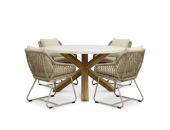 Lucy/Portofino Sandstone dining tuinset | 4 personen | polystone + touw | 135cm rond