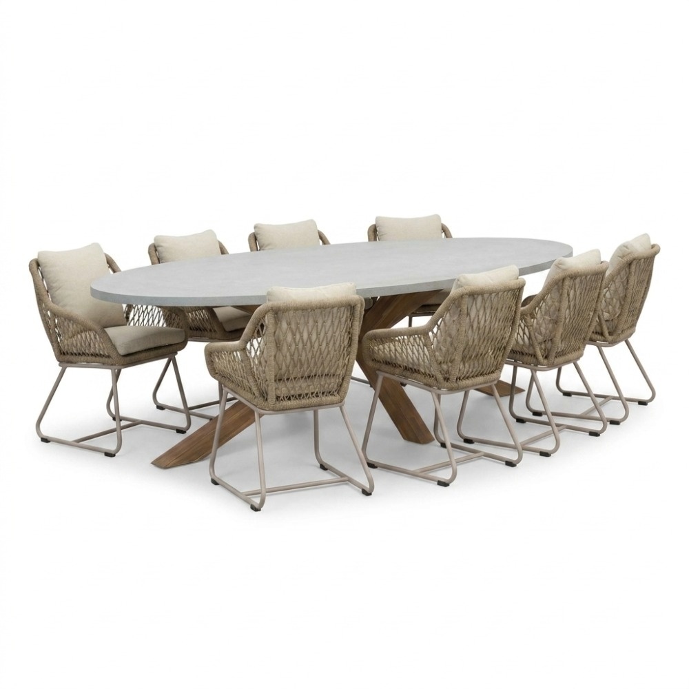 BUITEN living Livorno/Portofino Sandstone dining tuinset | 8 personen | polystone + touw | 280cm – Taupe – Naturel – Bruin, Beige