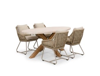 Lorento/Portofino Sandstone dining tuinset | 4 personen | polystone + touw | 200cm ovaal